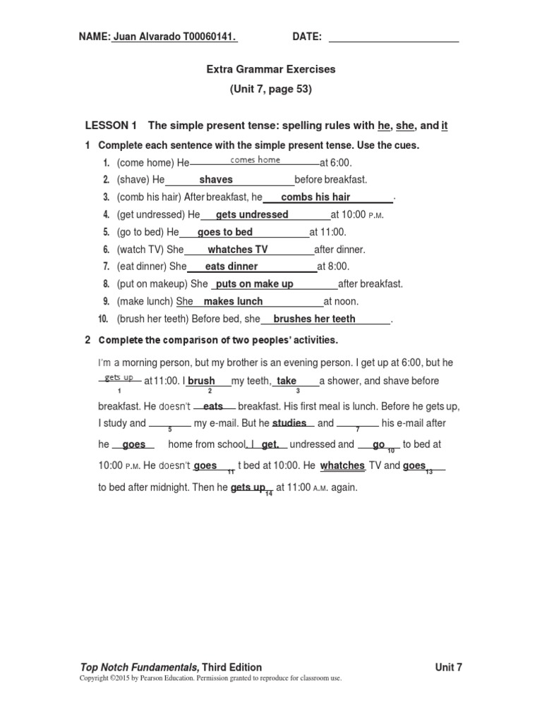 U7 L1 Extra Grammar Exercises Pdf Lunch Meal