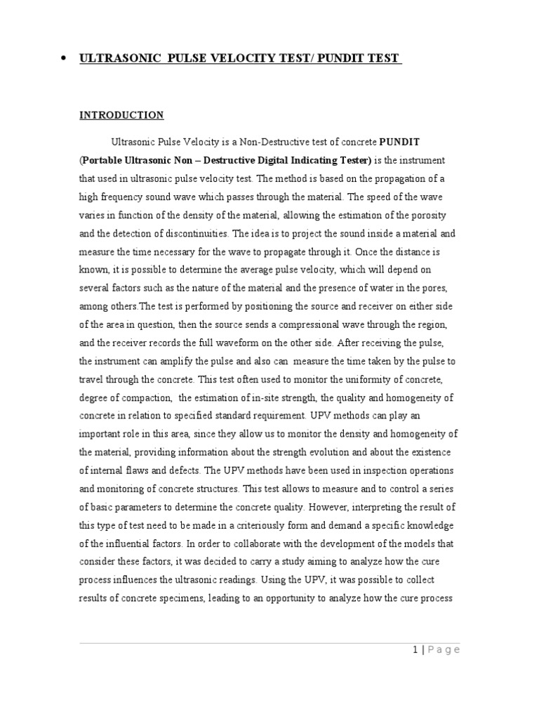 Ultrasonic Pulse Velocity Test Overview | PDF | Concrete ...
