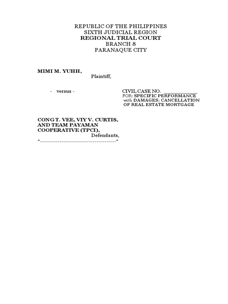 Civil Case for Specific Performance in Paranaque | PDF | Politics ...