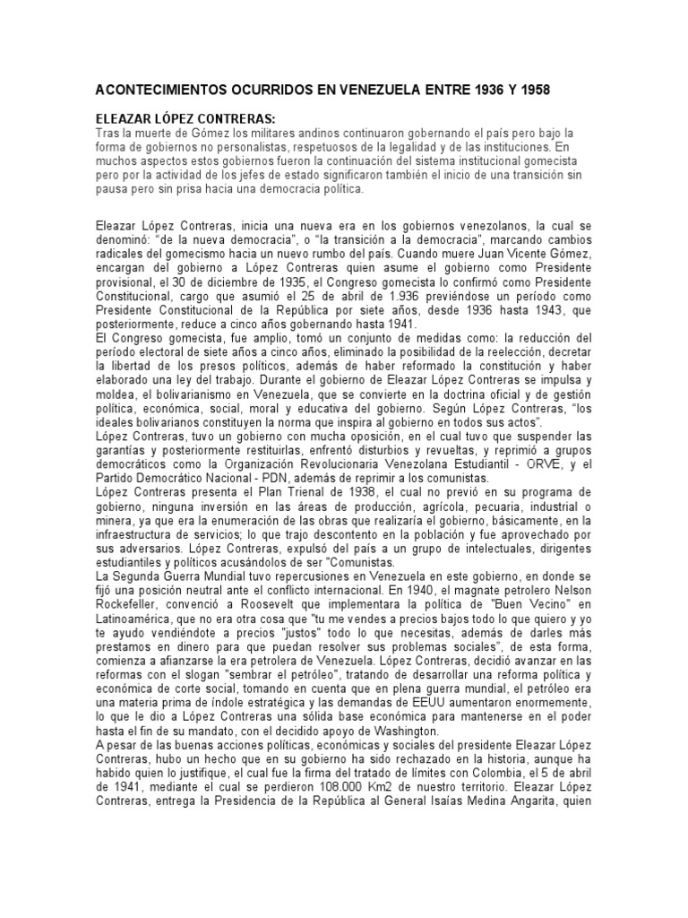 Acontecimientos en Venezuela: 1936-1958 | PDF | Venezuela | Formas de ...