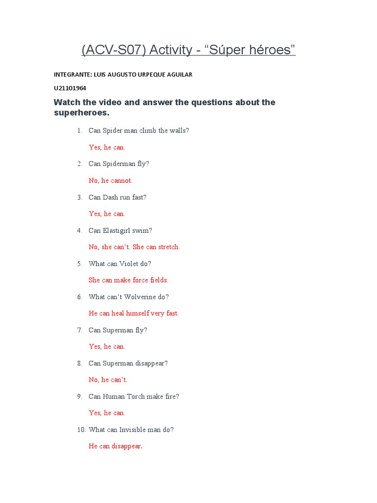 (ACVS07) Activity "Súper Héroes" Watch The Video and Answer The