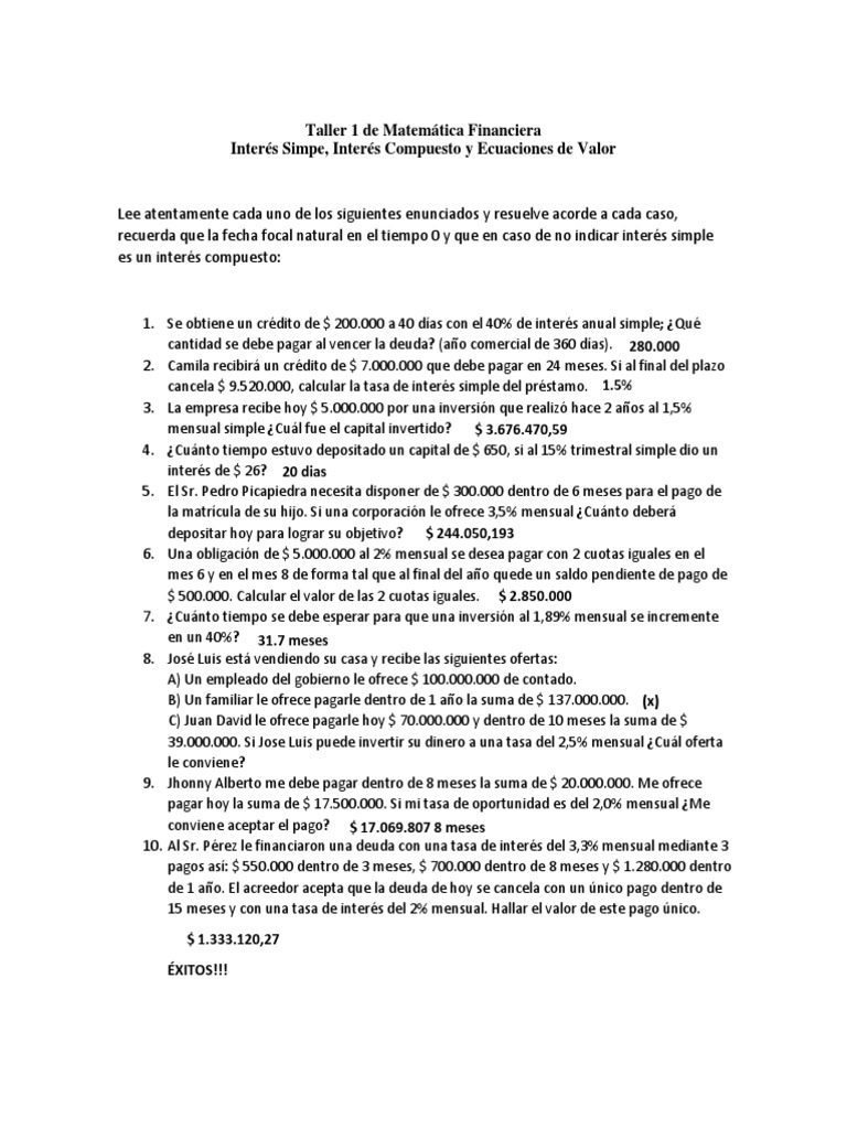 Ejercicios de Matemáticas Financieras | PDF | Interés | Finanzas ...