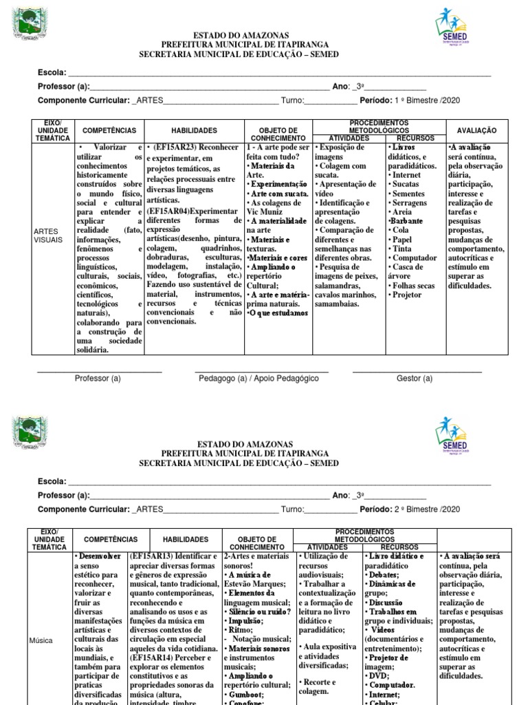 Plano de Aula de Artes - 3º Ano | PDF | Pedagogia | Pinturas