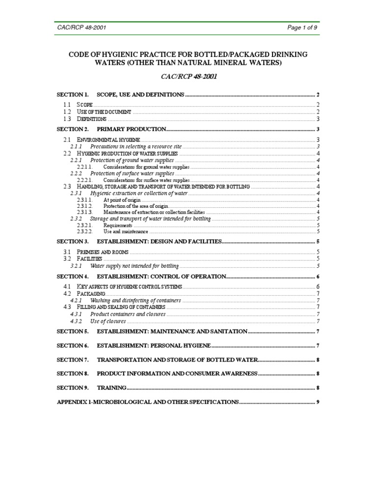 Code of Hygienic Practice For Bottled/Packaged Drinking Waters (Other Than Natural Mineral