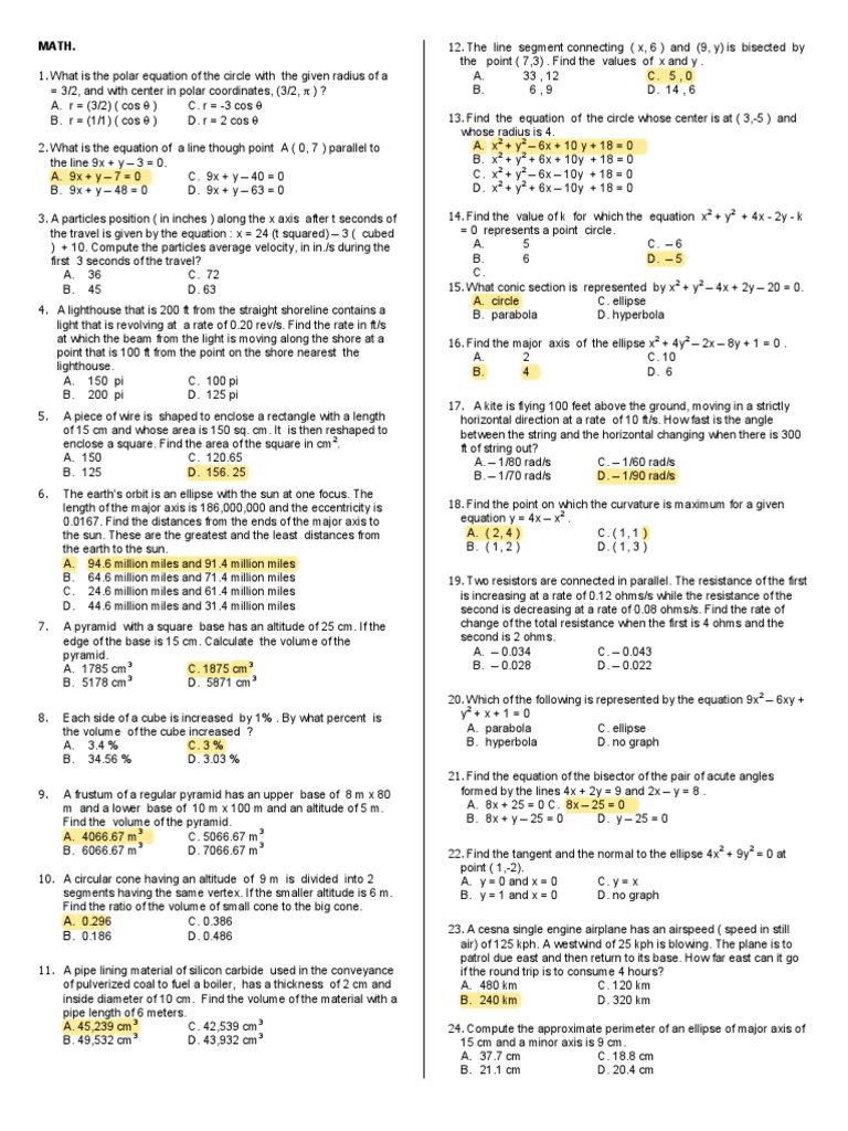 MATH Compre May6 | PDF | Ellipse | Area