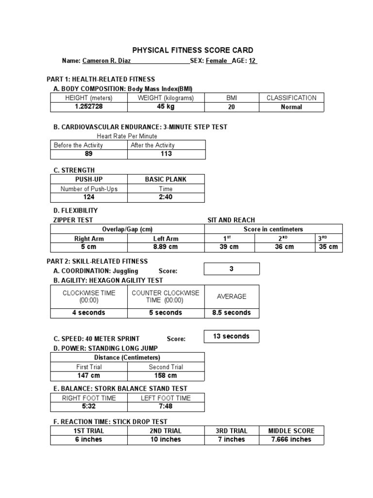 Physical Fitness Score Card ST ND RD PDF