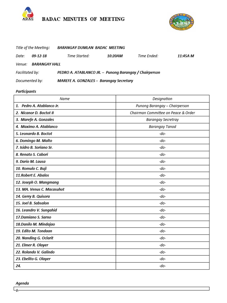 Badac Minutes Of The Meeting