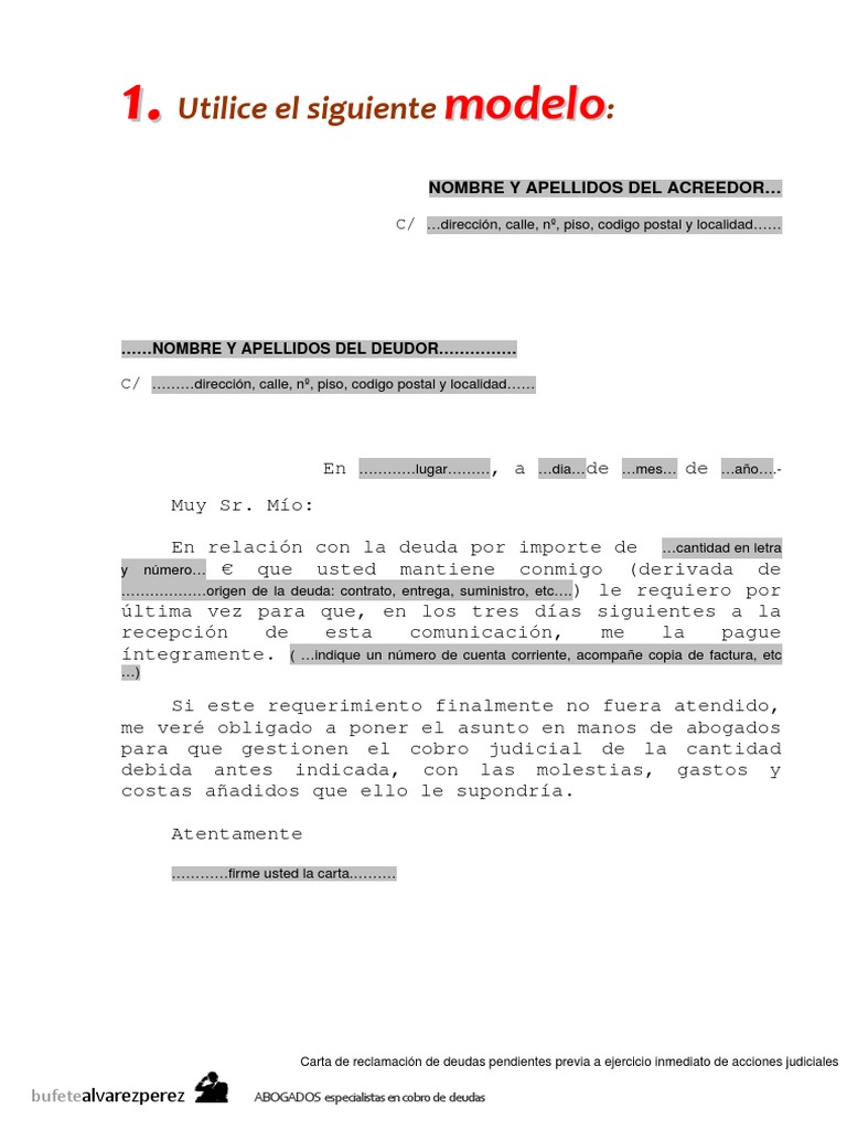 Modelo Carta Reclamacion Factura Deuda Morosos Impagados | Deuda |