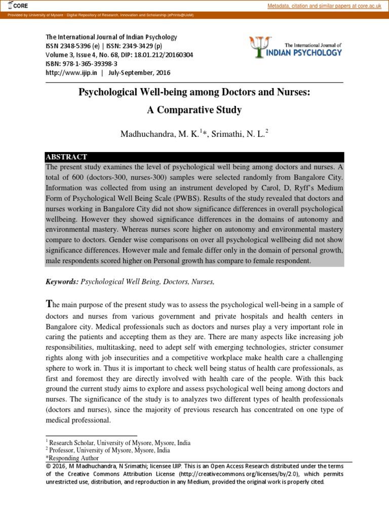 (2016) PWB Among Doctors and Nurses - A Comparative Study | PDF | Well ...