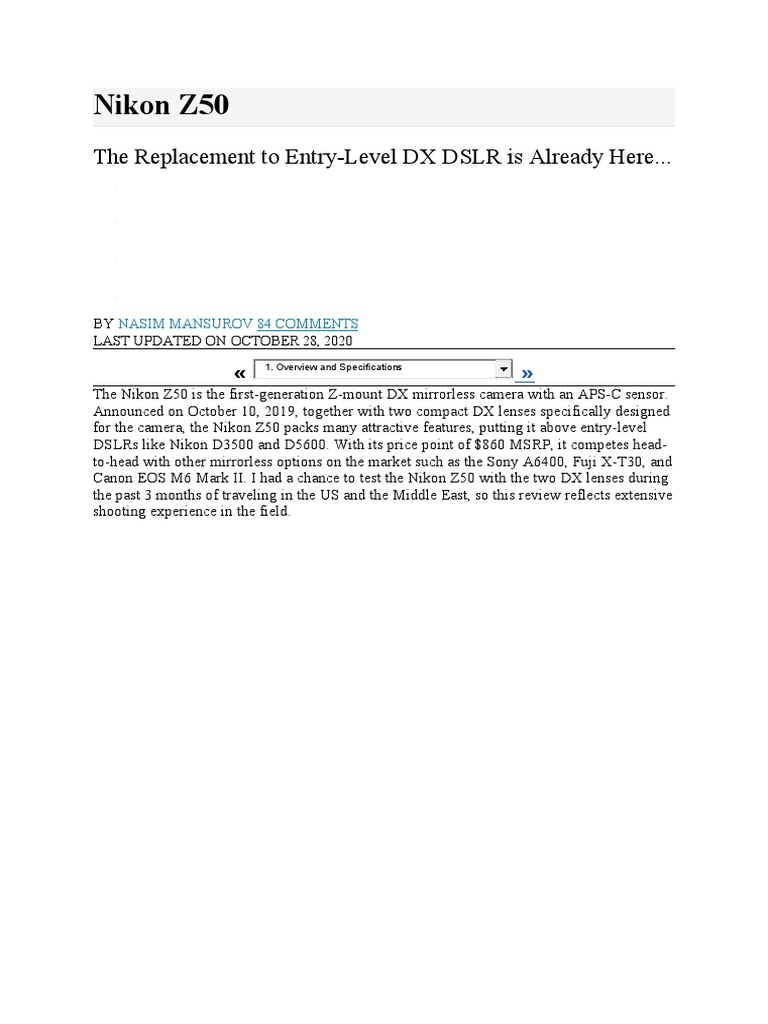 Nikon Z50 Settings and Photos PDF Autofocus Digital Single Lens Reflex Camera