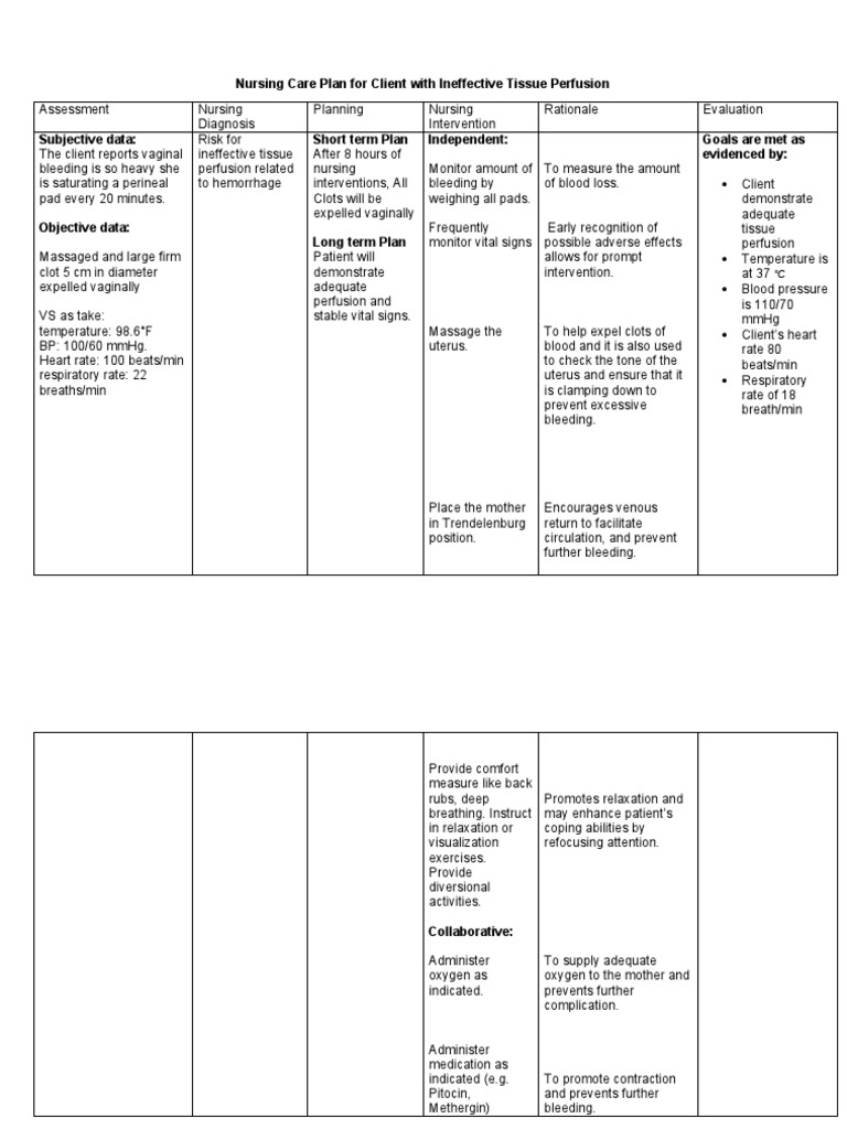 Nursing Care Plan For Client With Ineffective Tissue Perfusion | PDF ...