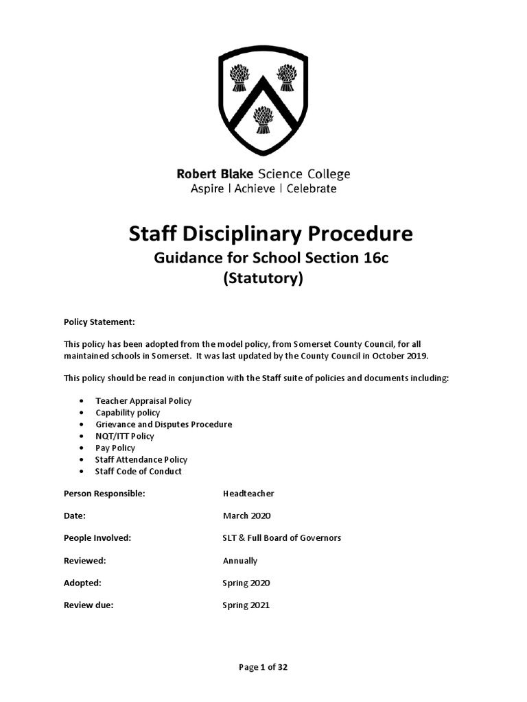 Staff Disciplinary Procedure Guidance For School Section 16c