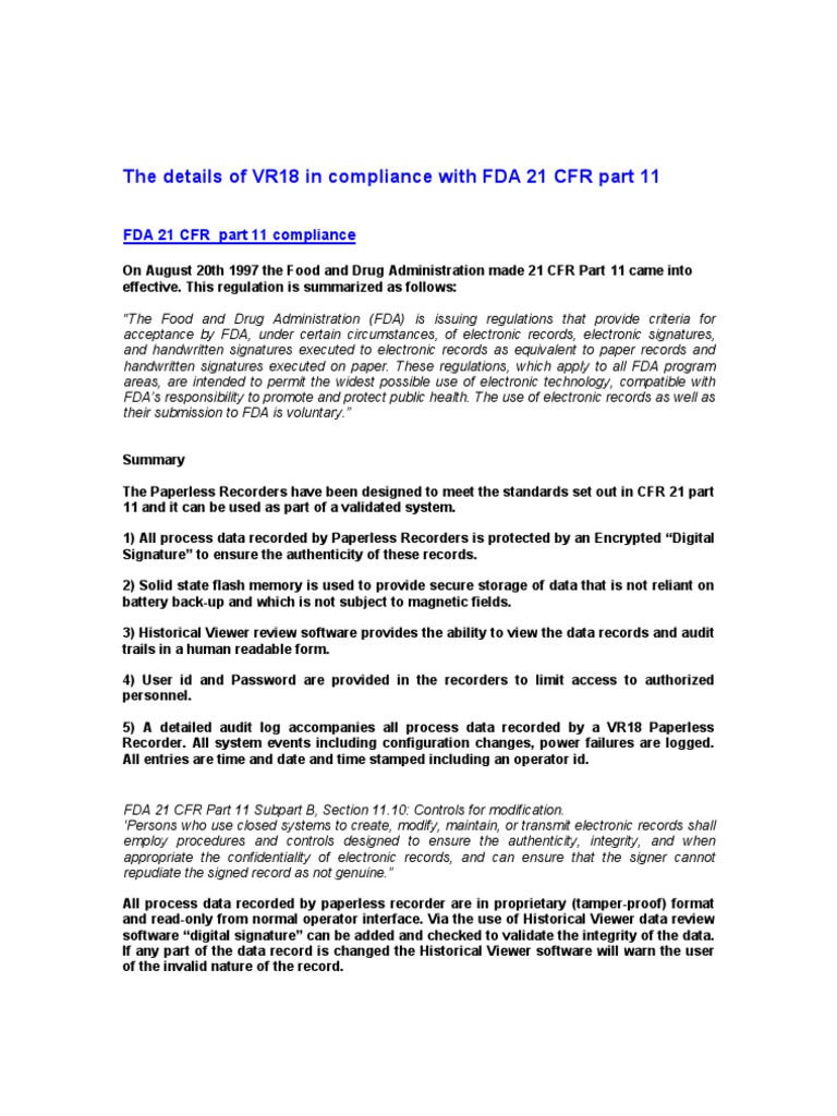 VR18 Compliance with FDA 21 CFR Part 11 | PDF | Password | Records ...