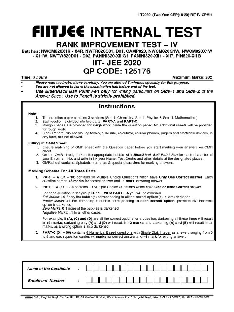FIITJEE Rank Improvement Test 2020 | PDF | Rotation Around A Fixed Axis ...