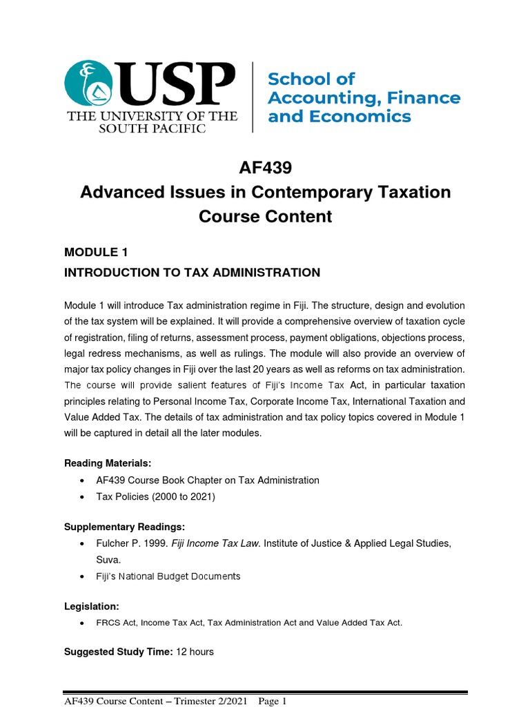 AF439 Advanced Issues in Contemporary Taxation Course Content PDF