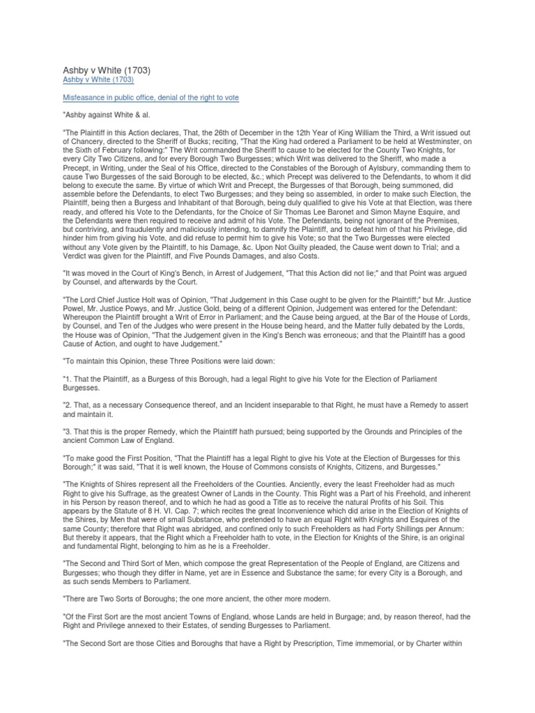 Ashby V White PDF Legal Remedy House Of Commons Of The United Kingdom