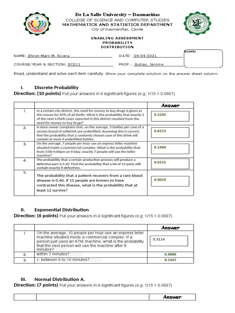 Probability Distribution Assessment | PDF | Normal Distribution ...