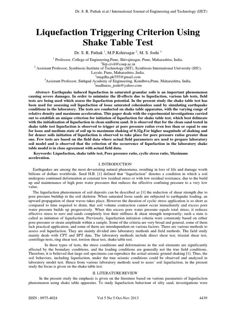 Liquefaction Triggering Criterion Using Shake Table Test: Dr. S. R ...