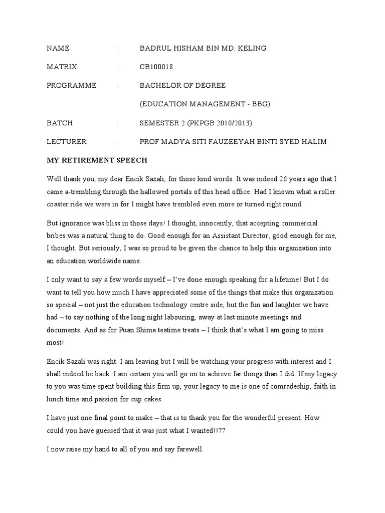 Retirement Speech | PDF