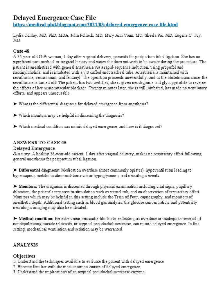 Delayed Emergence Case File PDF Anesthesia Clinical Medicine