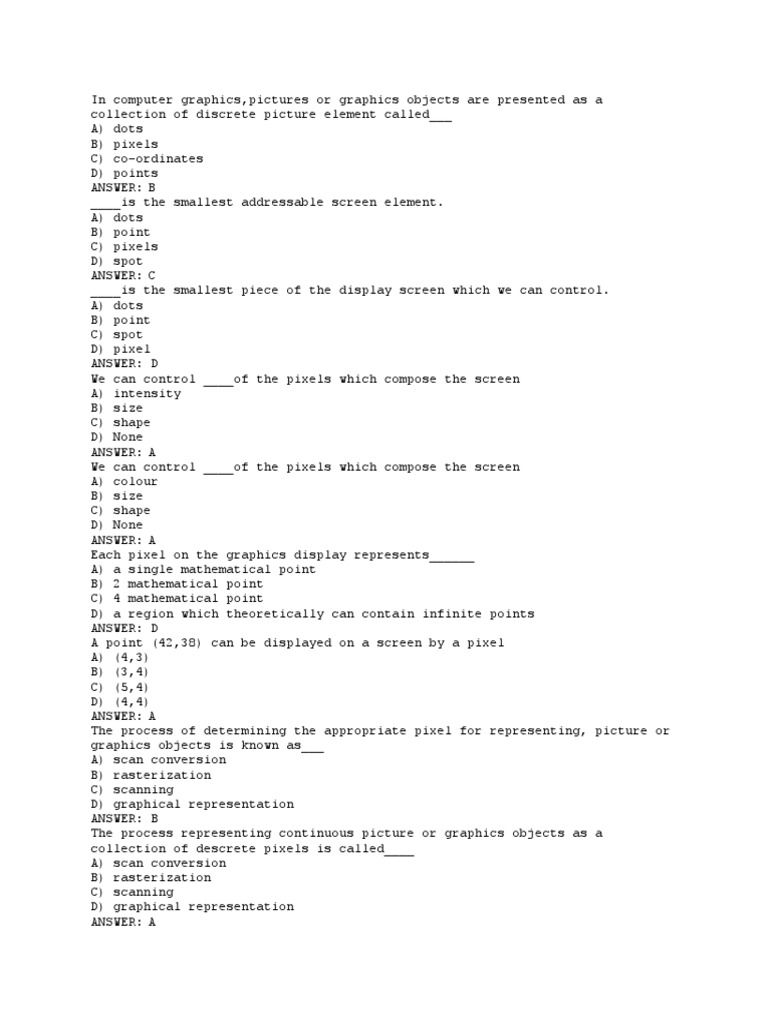 MCQ Unit 1 PDF Pixel Computer Graphics