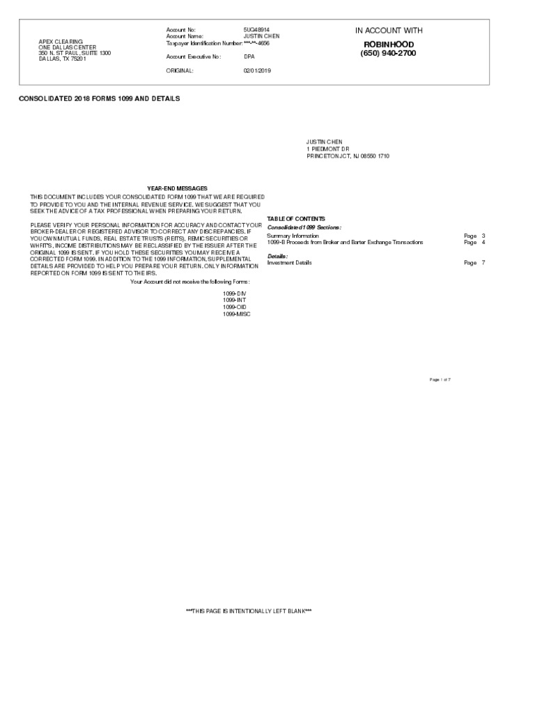Consolidated 2018 Forms 1099 and Details Robinhood (650) 9402700