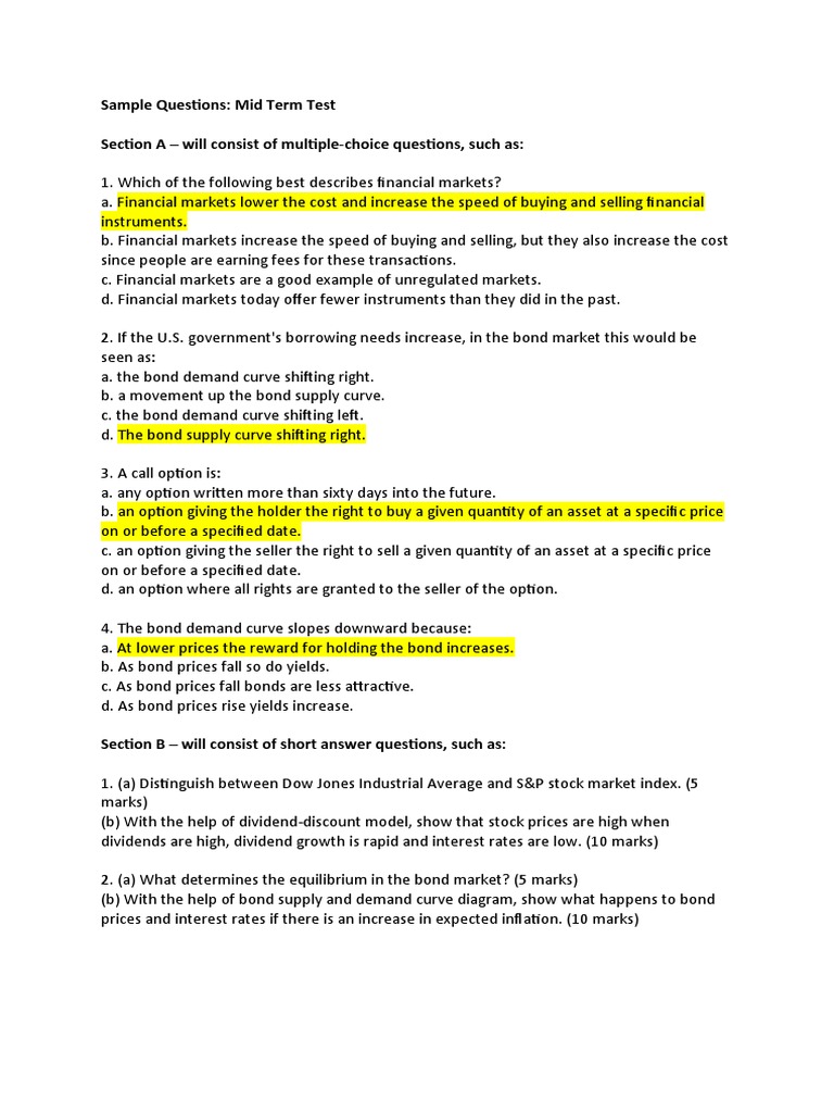 Sample Questions - Mid Term Test | PDF | Business | Finance & Money ...