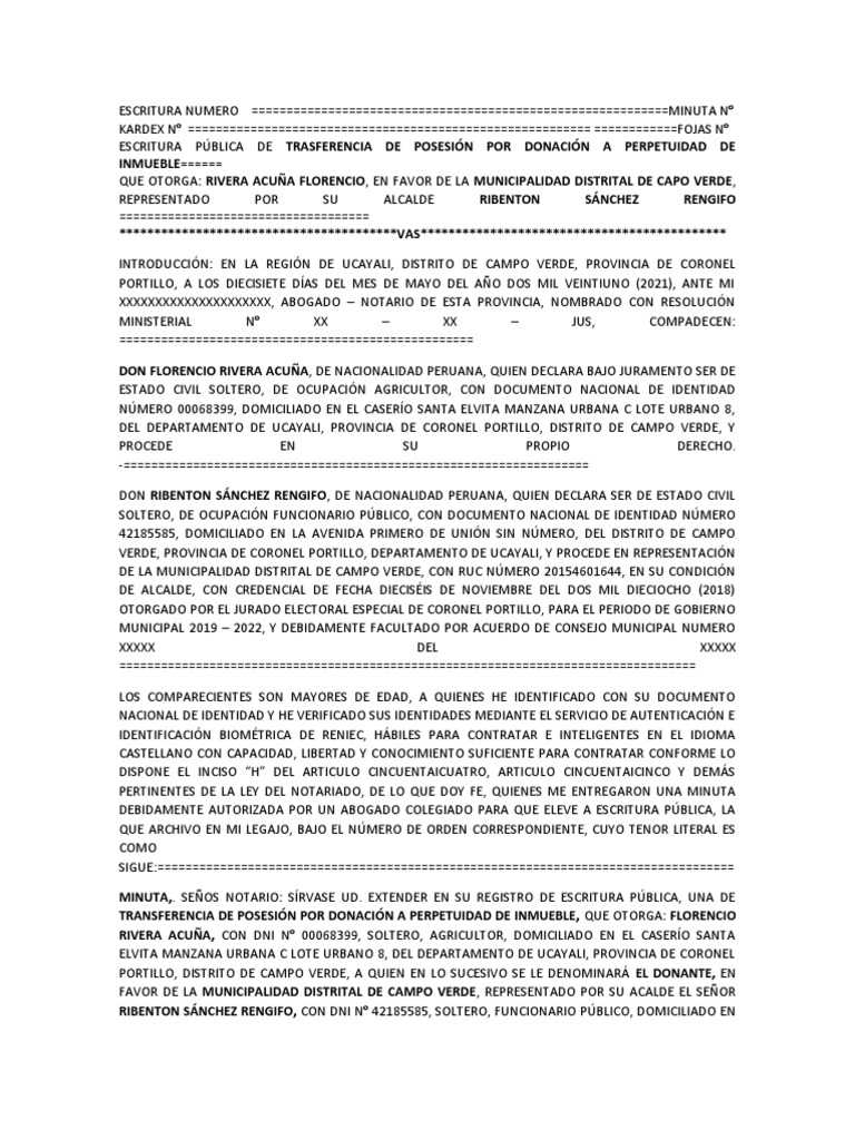 Minuta de Donación de Bien A La MDCV | PDF | Donación | Propiedad