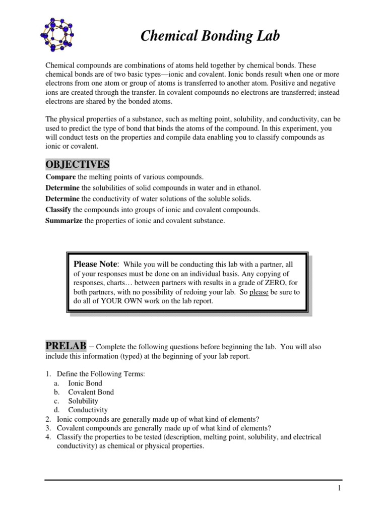 Chemical Bonding Lab Objectives PDF Ionic Bonding Chemical Bond