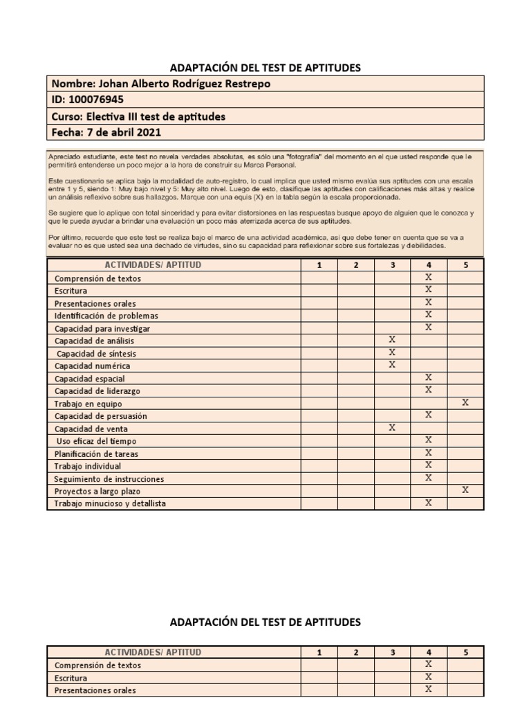 TEST DE APTITUDES - XLSX - Hoja1 | PDF | Cognición | La naturaleza humana