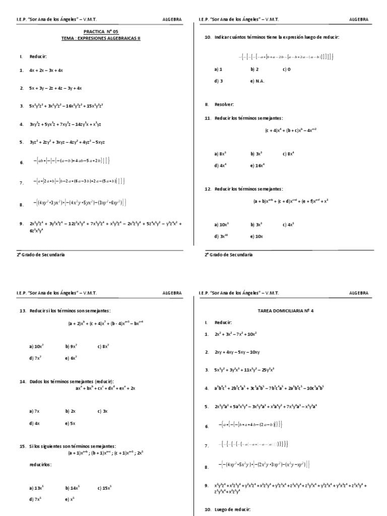 PRACTICA #05 ALGEBRA 2°sec | PDF