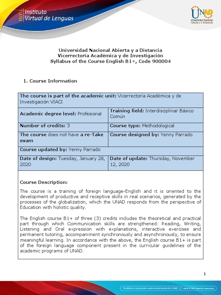 English B1+ Course Syllabus UNAD | PDF | Job Interview | Curriculum