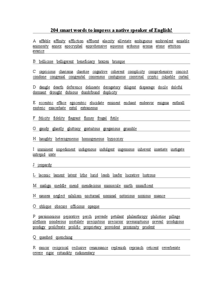 204 Smart Words To Impress A Native Speaker of English | PDF ...