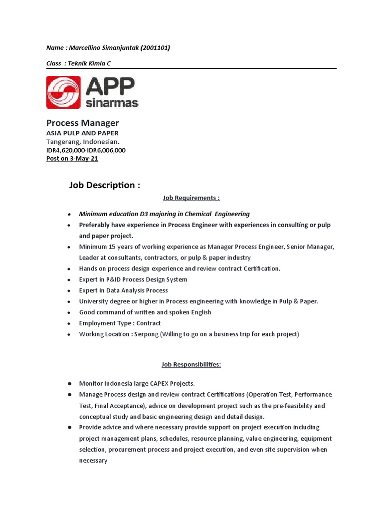 Process Manager Job Description at APP | PDF | Paper | Business
