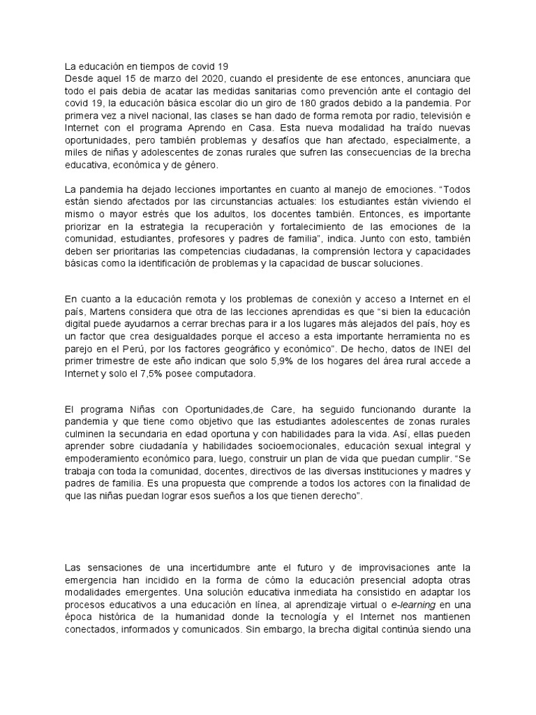 El Covid 19 y Sus Repercuciones en La Educacion en El Peru | PDF ...