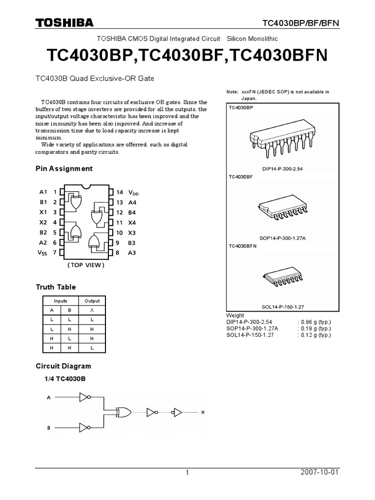 TC4030BP, TC4030BF, TC4030BFN: TC4030B Quad Exclusive-OR Gate | PDF ...