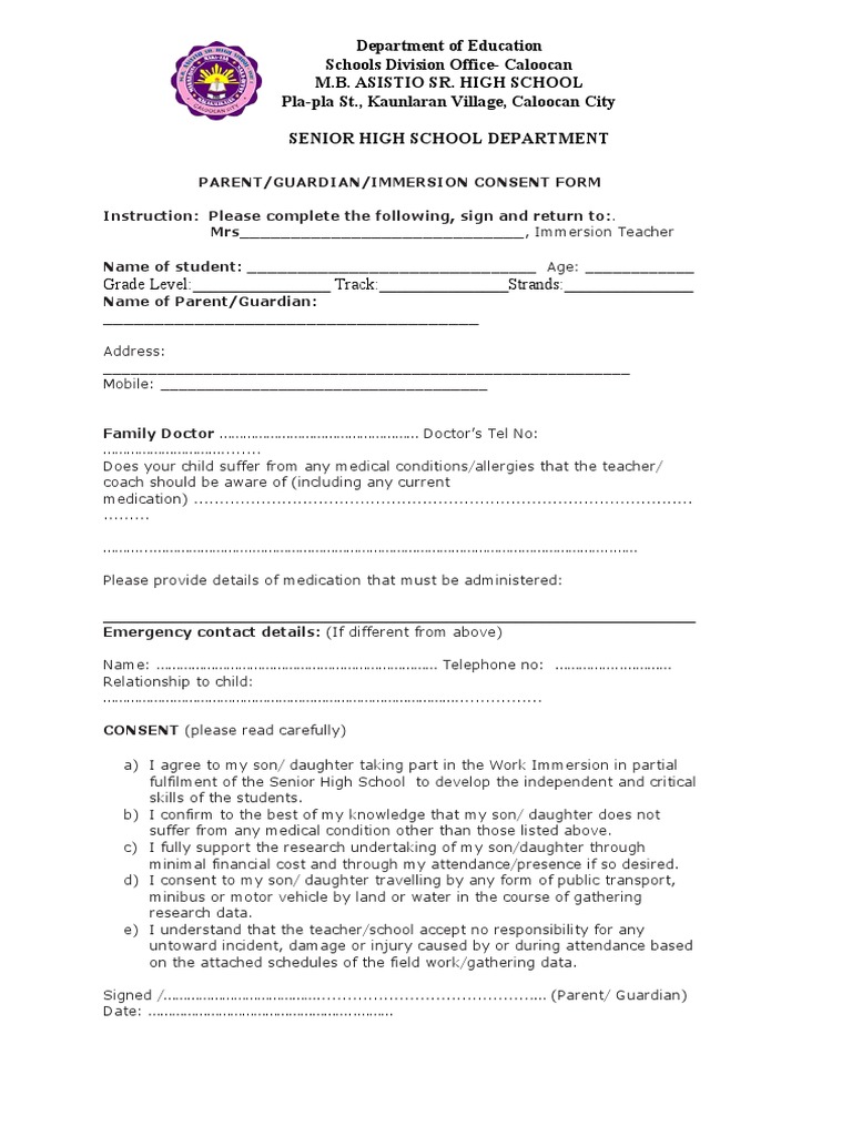 Parent Consent Form for Student Immersion | PDF | Human Nature