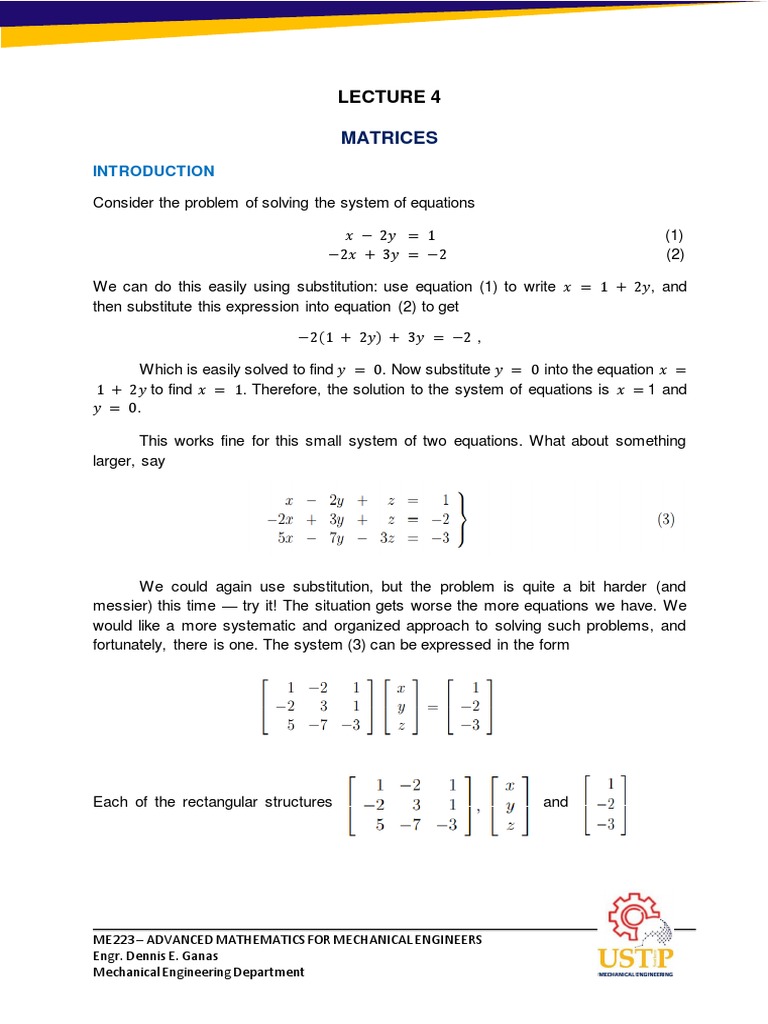 Lecture 4 - Matrices | PDF | Matrix (Mathematics) | Functions And Mappings