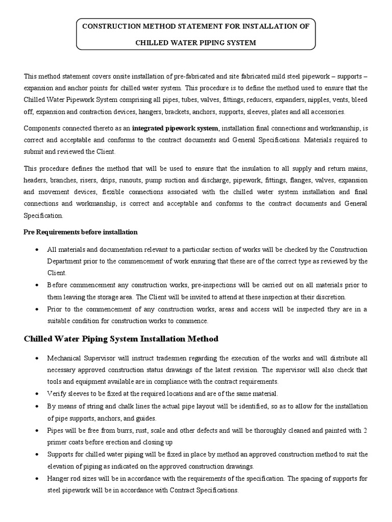 Construction Method Statement For Installation of Chilled Water Piping