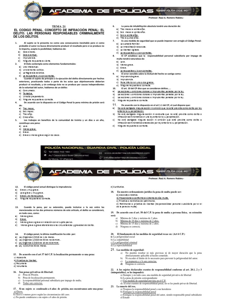 TEST TEMA 21 2021 Corrección | PDF | Derecho penal | Castigos