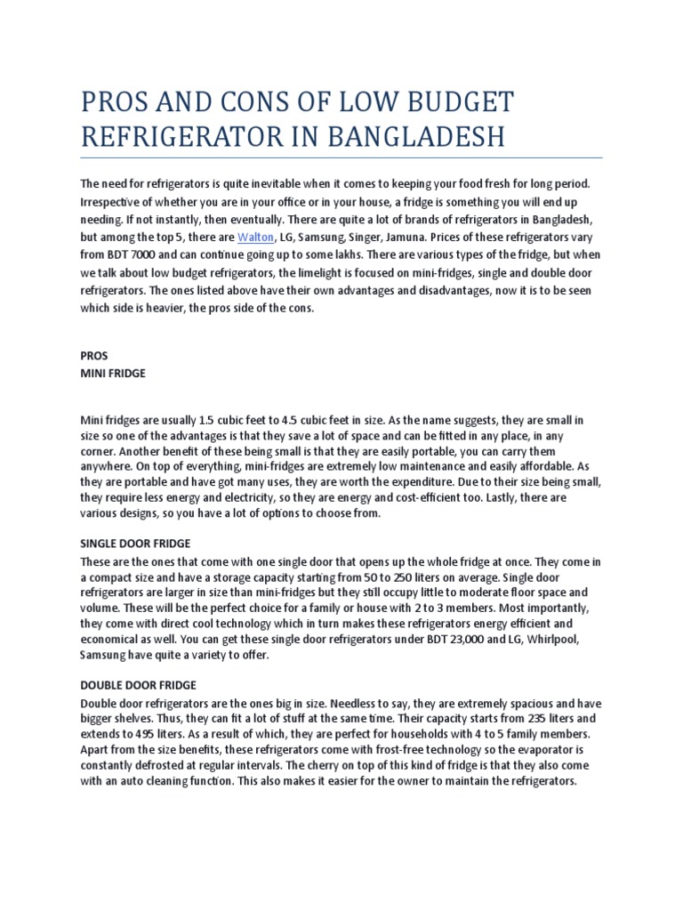 Pros and Cons of Low Budget Refrigerator in Bangladesh Walton PDF Refrigerator Energy And