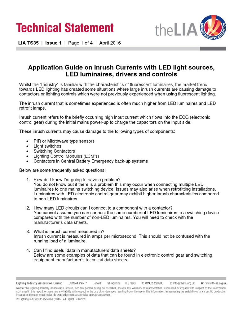 LIA TS 35 Application Guide On Inrush Currents With LED Light Sources