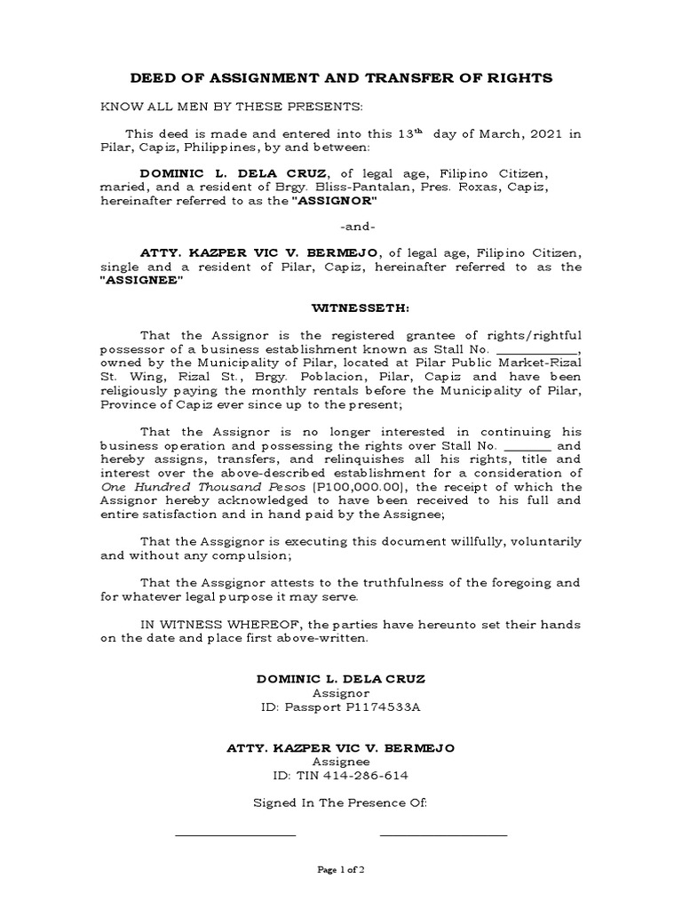 Deed of Assignment and Transfer of Rights: DOMINIC L. DELA CRUZ, of ...