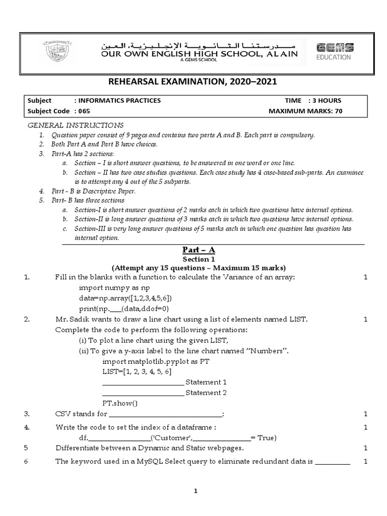 Informatics Practices Rehearsal Exam 2021 | PDF | Sql | Computer ...