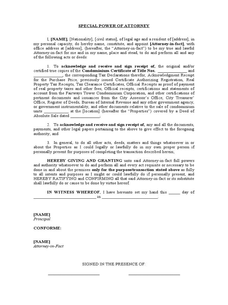 Sample SPA for Document Claiming | PDF | Power Of Attorney | Receipt