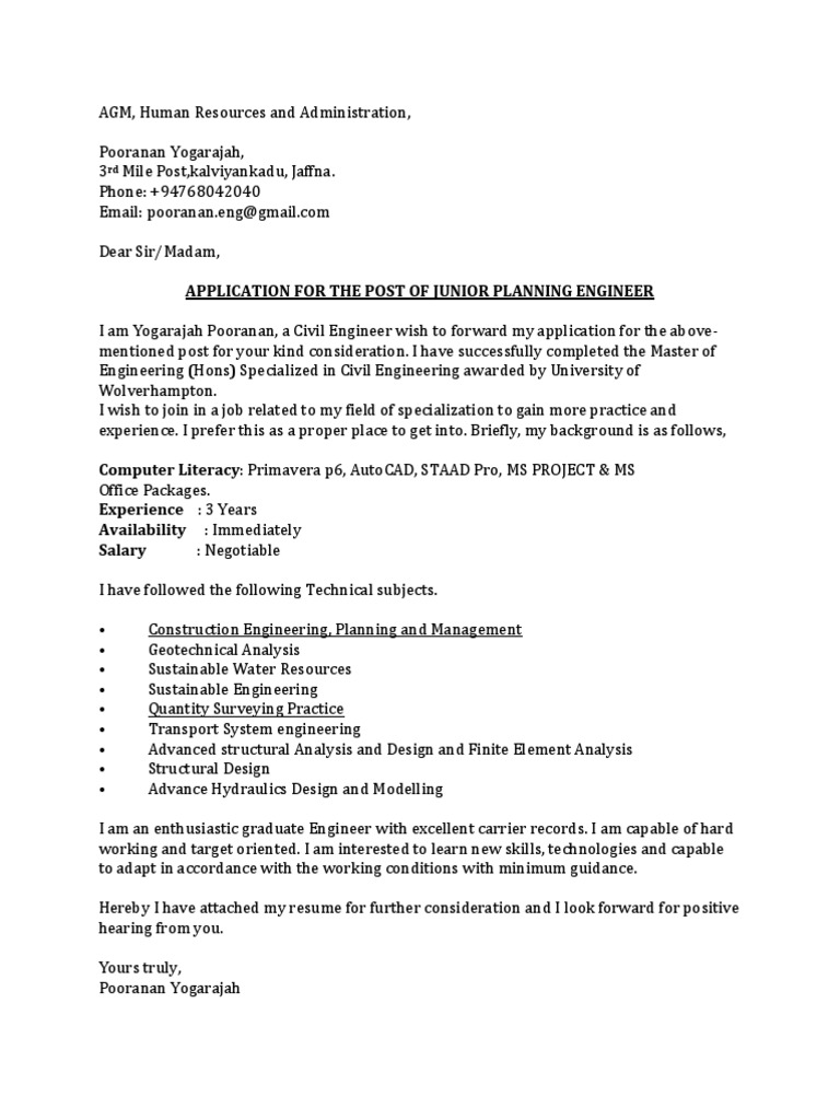 Application For The Post of Jr. Planning Engineer PDF Engineering