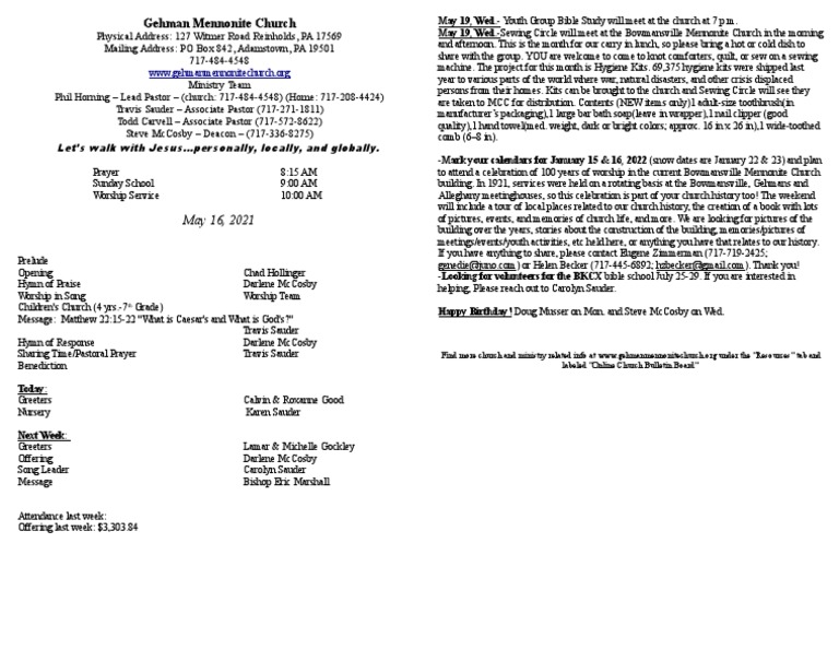 Bulletin - 2021 05 16 | PDF | Christian Behaviour And Experience ...