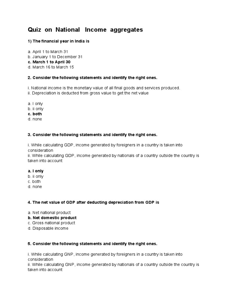 National Income Quiz and Concepts | PDF | Measures Of National Income ...