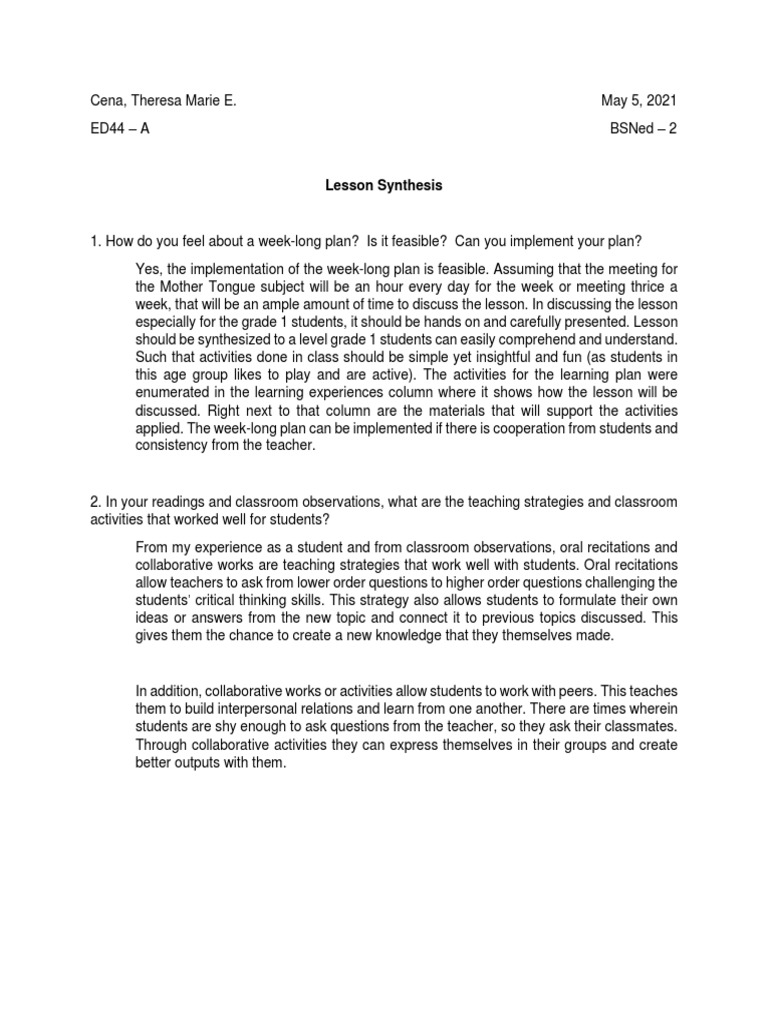 Effective Week-Long Teaching Plan | PDF