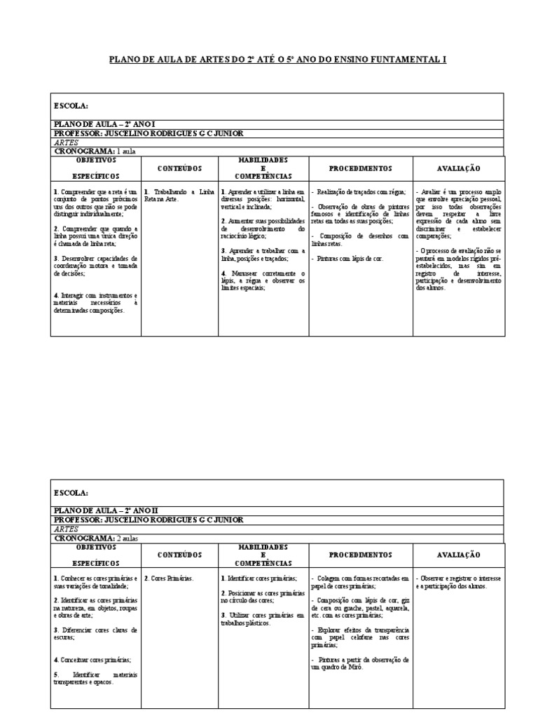 Arte Planos de Aula | PDF | Cor | Desenho